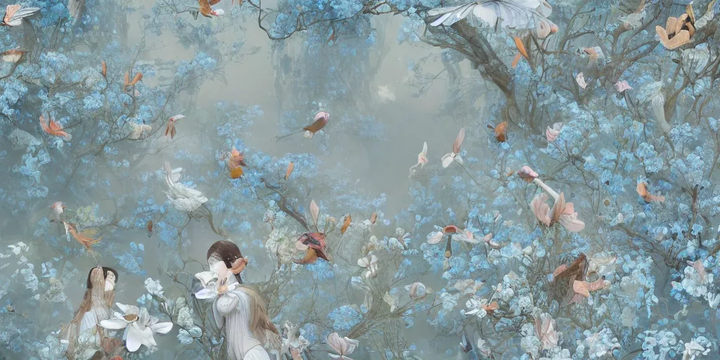Image similar to breathtaking detailed concept art painting pattern of faces goddesses of light blue flowers with anxious piercing eyes and blend of flowers and birds, by hsiao - ron cheng and john james audubon, bizarre compositions, exquisite detail, extremely moody lighting, 8 k