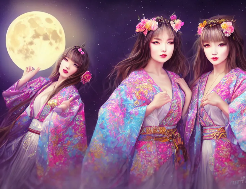 Image similar to two beautiful alluring siberian girls wear fantasy kimono in festival | | sunny night, full moon, dreamlike art, realistic shaded, smile, good looking, hyper details, 4 k realistic, cryengine, realistic shaded lighting poster by artgerm, ross tran, fuji choko, 8 k resolution, trending on artstation, luxury