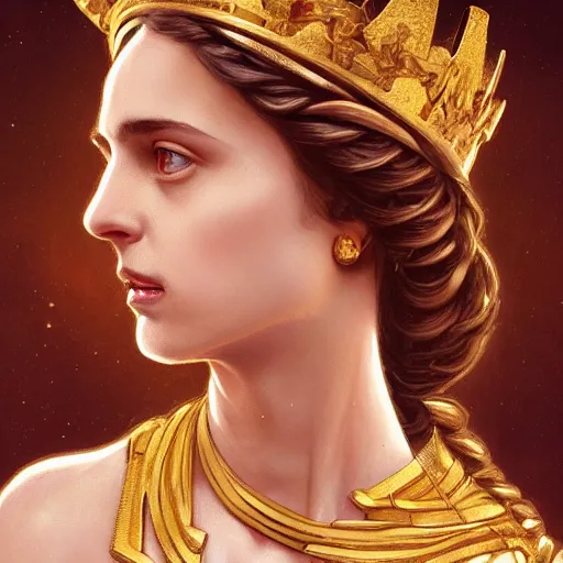 Image similar to portrait of Alicia Vikander as a greek goddess, marble statue, greek mythology, gold crown and filaments, intricate, headshot, highly detailed, digital painting, artstation, concept art, sharp focus, cinematic lighting, illustration, art by artgerm and greg rutkowski, alphonse mucha, cgsociety