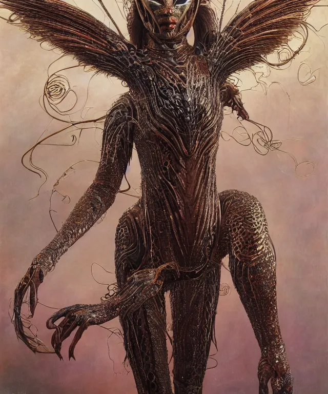 Prompt: a portrait photograph of a masked fierce sadie sink as a strong alien harpy queen with amphibian skin. she is dressed in a fiery lace shiny metal slimy organic membrane catsuit and transforming into a insectoid snake bird. by donato giancola, walton ford, ernst haeckel, peter mohrbacher, hr giger. 8 k, cgsociety
