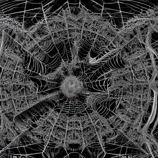 Image similar to spiderweb abomination, scary, mostly black and white, mandelbulb fractal, expansive, huge, lots of detail, highly detailed, 8 k