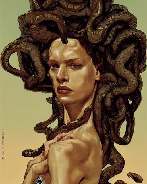 Image similar to portrait of a powerful medusa with many pythons by greg rutkowski in the style of egon schiele