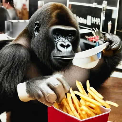 Prompt: A gorilla eating french fries in a barber shop, Go pro footage