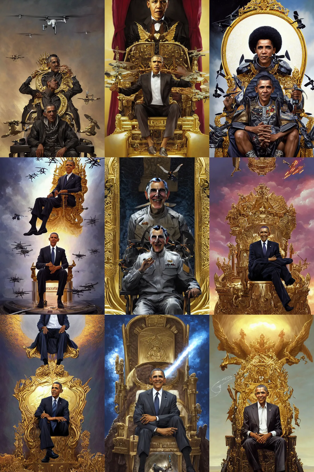 Prompt: portrait of Barack Obama (played by Barack Obama) The Drone King sitting on a golden throne with MQ-1 Predator Drones (military) flying out from under it, intricate details, By Ruan Jia and Stanley Artgerm, Range Murata and WLOP and Ross Tran and William-Adolphe Bouguereau. Key Art. Fantasy Illustration. award winning, Artstation, intricate details, realistic, Hyperdetailed, 8k resolution.