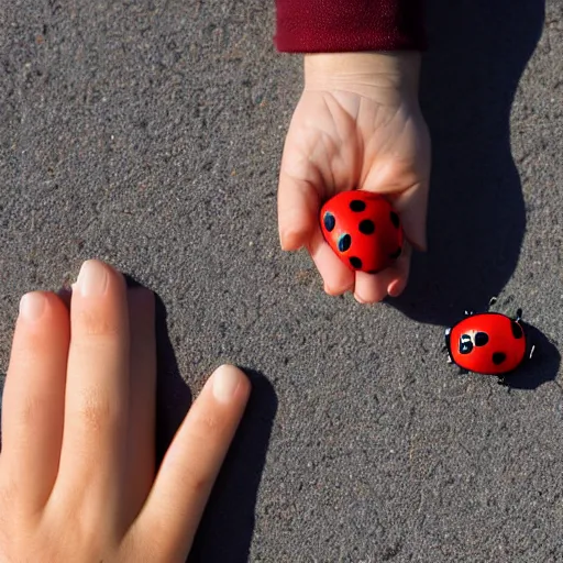 Prompt: fist picture of a human scale lady bug next to a person for scale, full frame picture, documentary