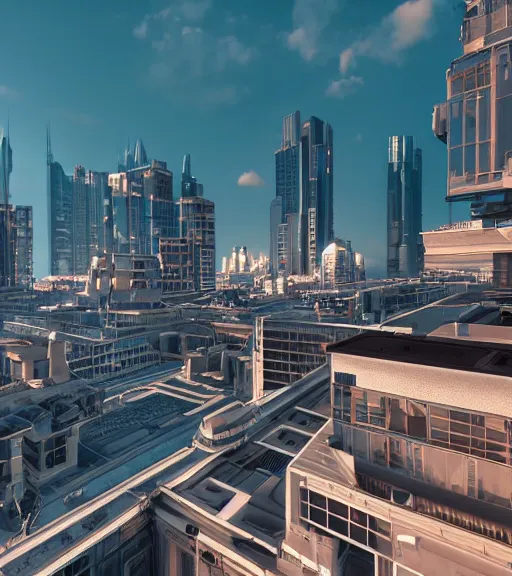 Image similar to sci - fi city rooftop view, blue sky, highly detailed, beautiful light and sunset, photorealistic, octane render