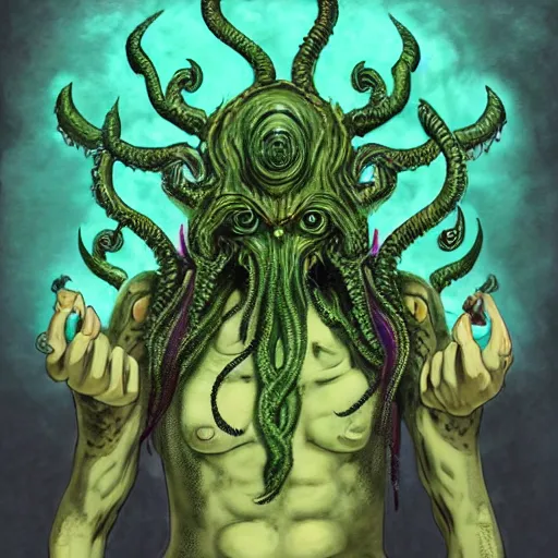 Image similar to 4 k headshot of godlike cthulhu with defined arms and open hands and bloody clothes with giant mandala wings, intricate face, flawless anime cel animation by kentaro miura, psychedelic, highly detailed upper body, professionally post - processed, beautiful, scary, symmetry accurate features, epic, octane rendered, anime masterpiece, accurate