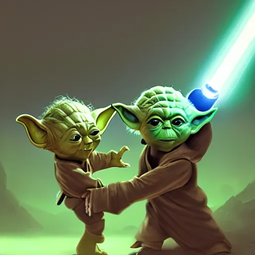 Image similar to yoda teaching grogu how to fight with a lightsaber, 8 k, trending on artstation