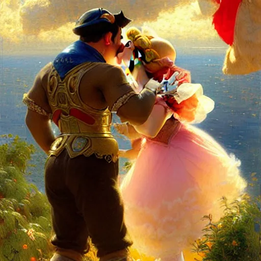 Image similar to a portrait of a mario kissing princess peach. highly detailed painting by gaston bussiere, craig mullins, j. c. leyendecker, furry