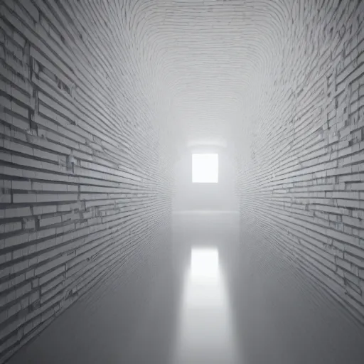Image similar to photo of a vast interior space of irregular rooms and corridors, bizarre architecture. ceramic white tiles on all the walls. the floor is flooded with one meter deep water. eerie, volumetric lighting