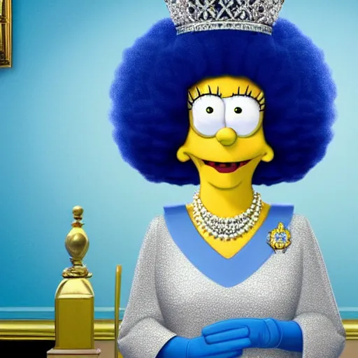 Image similar to movie still of marge simpson as the queen of england