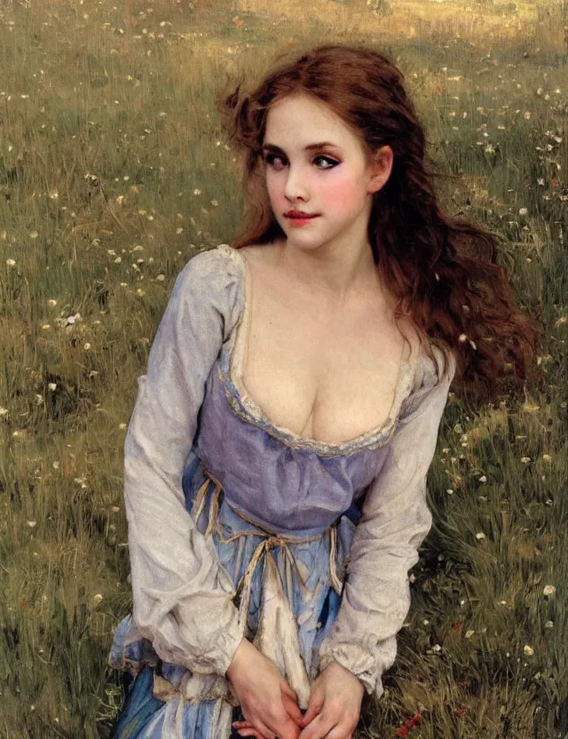 Image similar to tempting peasant girl with deep seductive décolleté looking in the camera, on a village, high angle view, portrait, Cinematic focus, Polaroid photo, vintage, neutral colors, soft lights, foggy, by Steve Hanks, by Serov Valentin, by lisa yuskavage, by Andrei Tarkovsky 8k render, detailed, oil on canvas