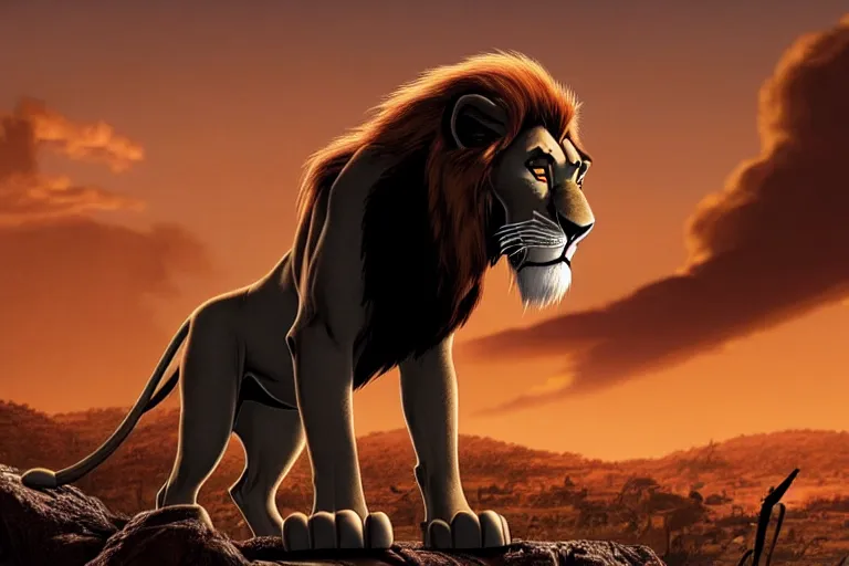 Prompt: scar ( from the lion king ), heavily armed and armored facing down armageddon in a dark and gritty version from the makers of fallout : war never changes