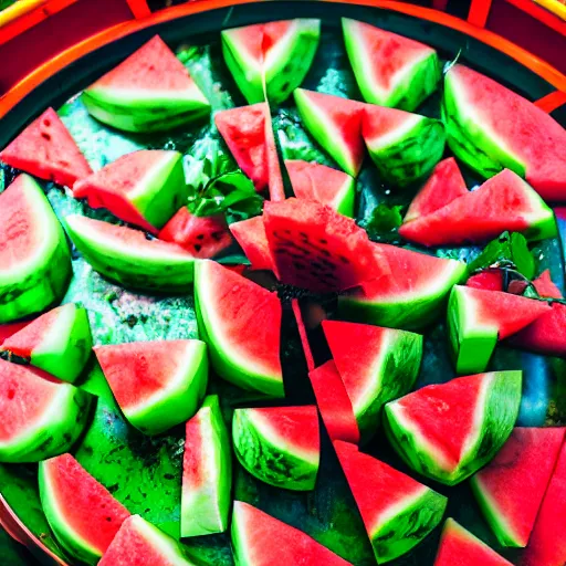 Image similar to a watermelon ferris wheel, food photography, 7 5 mm, bokeh