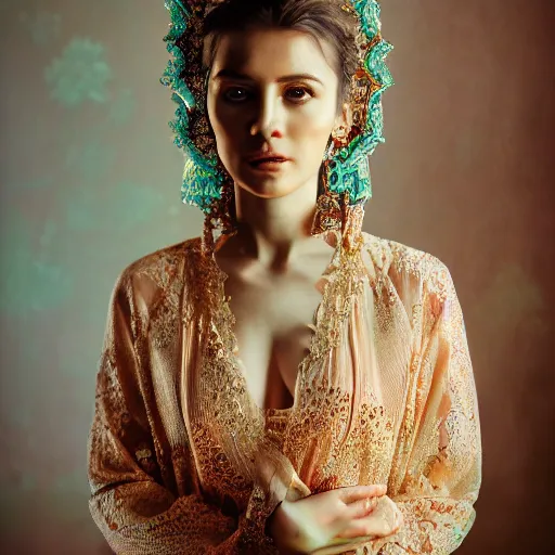 Prompt: 3 5 mm coloured film portrait of sebnem ferah wearing kebaya, hyperrealism, photorealistic, detailed, atmospheric, 8 k, award winning photography, cinematic