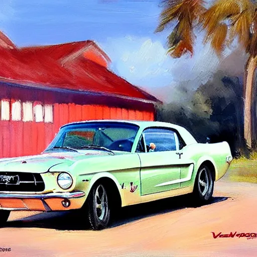 Prompt: Ford Mustang 1960, painting by Vladimir Volegov