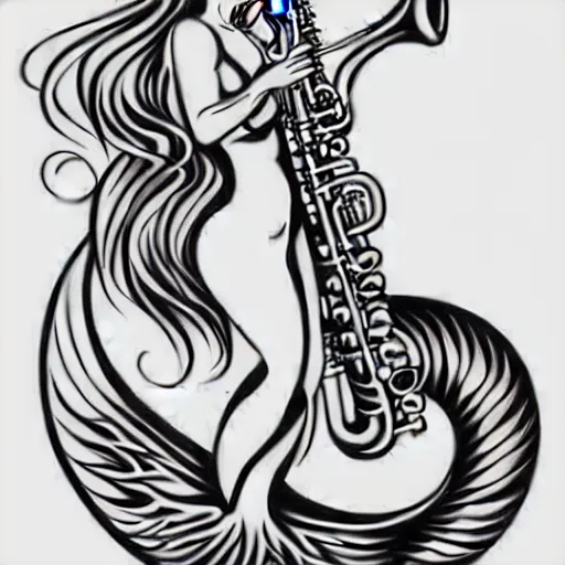 Image similar to american traditional tattoo art of a mermaid playing the saxophone, line art, sheet paper