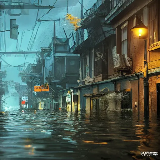 Prompt: A flooded city street, under water, horror, liminal, hyper detailed, dramatic lighting, CGsociety, realistic, fish, hyper detailed, insane details, intricate, dramatic lighting, hypermaximalist, golden ratio, rule of thirds, octane render, weta digital, micro details, ultra wide angle, Artstation trending, 8k,