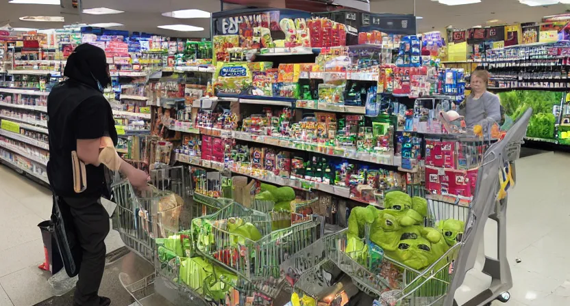 Image similar to a mix between Hulk and Yoda and Dobby and gollum buying groceries in a seven eleven, center frame medium shot, shot on technicolor cinemascope 35mm anamorphic lense, flare