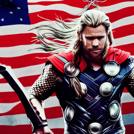 Prompt: a photo of thor with the hammer riding an epic dragon while holding the american flag and an electric guitar, ultrarealistic, 4 k, raytracing