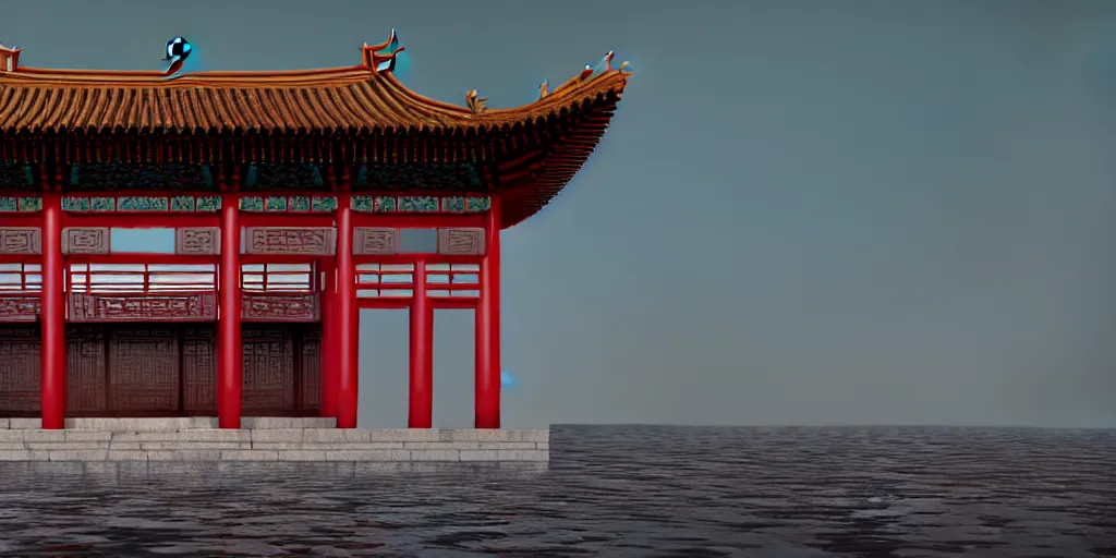 Image similar to a ancient chinese style building located on a lonely huge fantastic dark rock in the sea. lotus blooming. morning. medium shot. octane render. 8 k. cinematic.