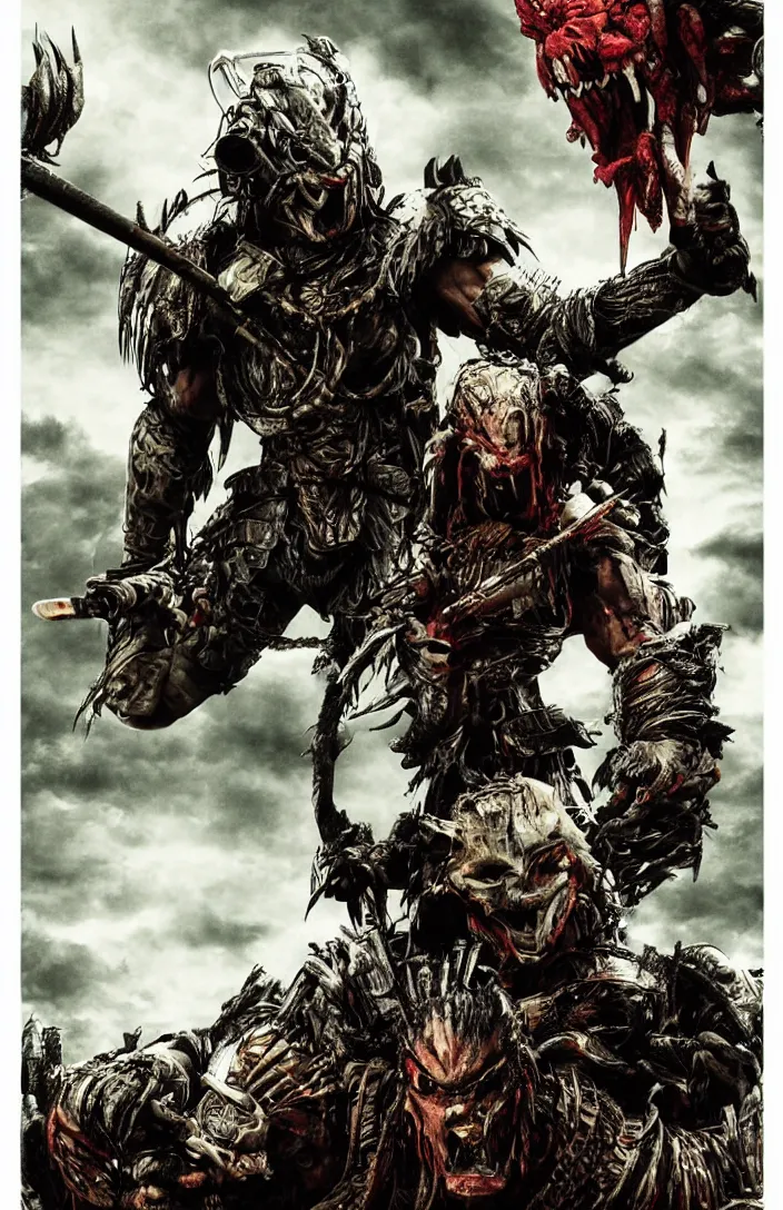 Image similar to movie ( predator vs samurai ) film poster art for hiroyuki sanada as samurai verses predator. in the style of ansel adams, frank frazzetta, realistic, detailed, octane