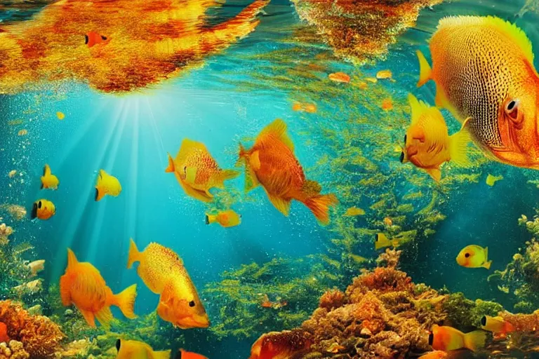 Image similar to ultra realistic underwater photography, panoramic picture of a river with ( subject : a very big exotic brightly coloured fish ). lots of bubbles. wavy, scattered light entering from the water surface, artstation, 8 k