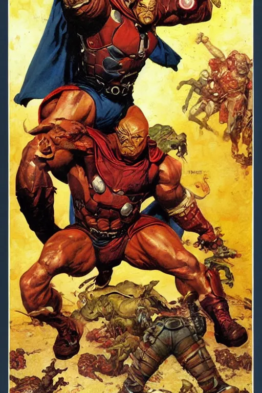 Image similar to dynamic action shot full body and head portrait of dave bautista as superhero juggernaut, painted by norman rockwell and phil hale and greg staples and tom lovell and frank schoonover and jack kirby, dune 1982 movie