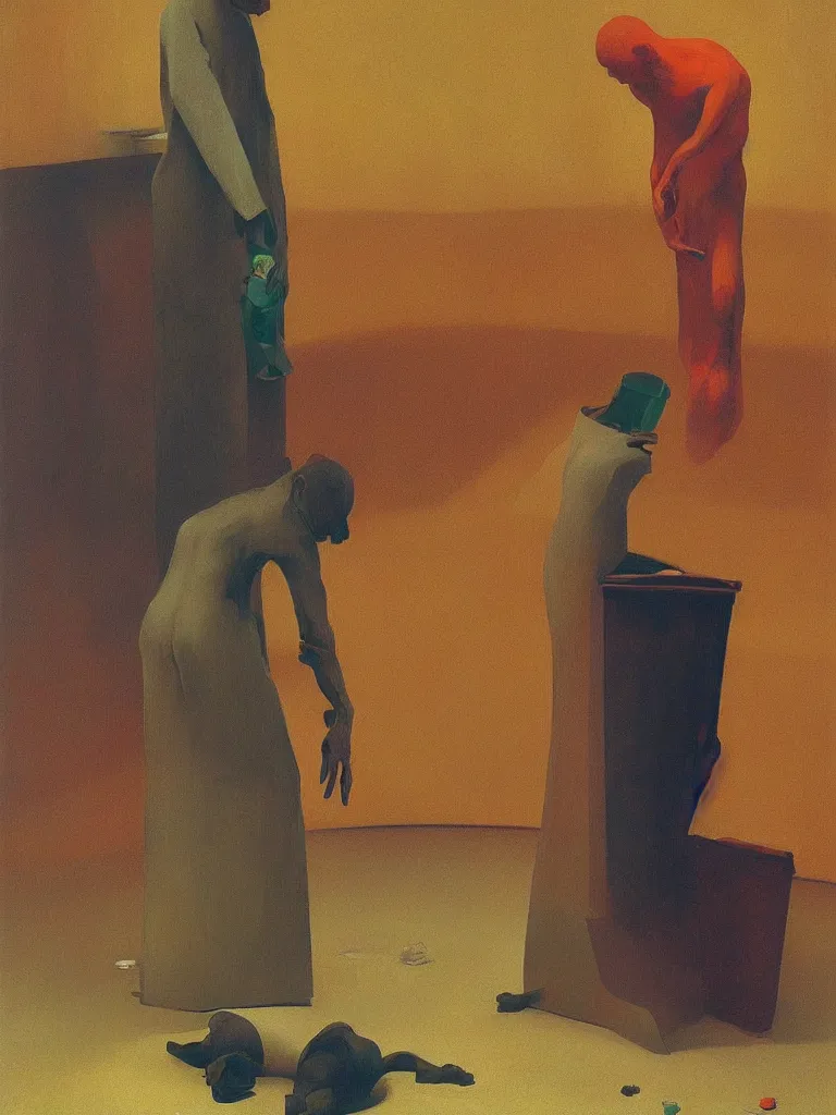 Image similar to magician with a trash over his head praying to a trash bin Edward Hopper and James Gilleard, Zdzislaw Beksinski highly detailed