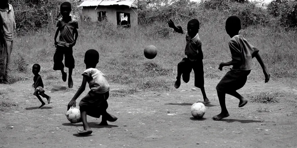 Image similar to kenyan village, black kids playing football, film photography, exposed b & w photography, christopher morris photography, bruce davidson photography, peter marlow photography