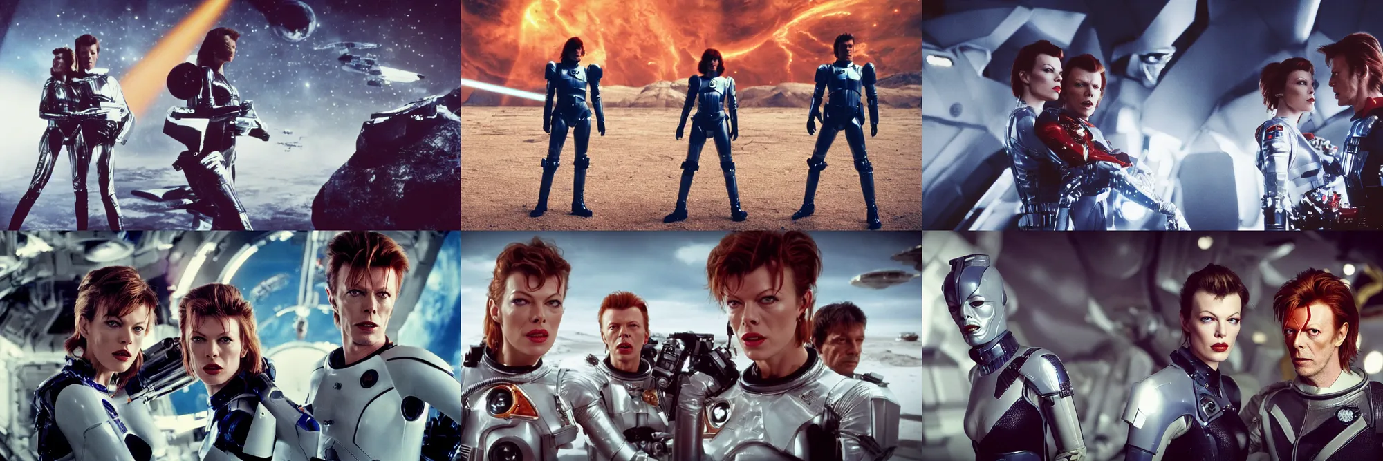 Prompt: a portrait of milla jovovich and david bowie wearing a rocknroll glamour spacesuit, beautiful, heroic action pose firing laser guns, soft focus, depth of field, stunning alien landscape, cinematic, film grain, wide shot, in the style of kubrick, ridley scott, jodorowsky, dune, star wars, unreal engine