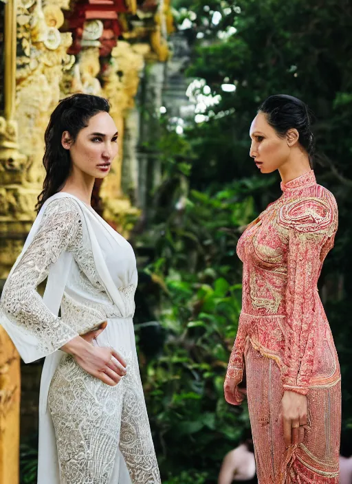 Image similar to portrait of gal gadot and lindsey pelas wearing kebaya in bali temple, by charlotte grimm, natural light, detailed face, beautiful features, symmetrical, canon eos c 3 0 0, ƒ 1. 8, 3 5 mm, 8 k, medium - format print, half body shot