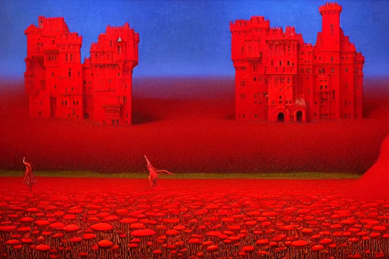 Prompt: only with red, red mushrooms of different types, a red tiger, a castle in the background, medieval demons dance over the flowers, an ancient path, in the style of beksinski, part by hopper, part by rodcenko, part by hofbauer, intricate composition, red by caravaggio, insanely quality, highly detailed, masterpiece, red light, artstation