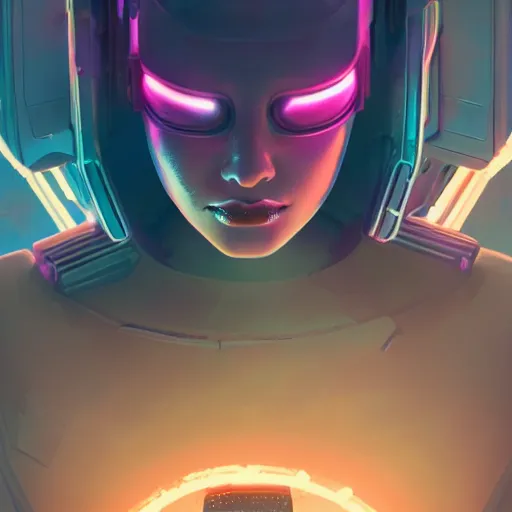 Image similar to cyberpunk concept cool warrior girl bot, cinema 4 d, galaxy, ufo, space sci - fi, wearing vr goggles, illustration, portrait, pastel neon textured background night, trending on artstation, greg rutkowski, octane rendered, 1 2 k, detailed,