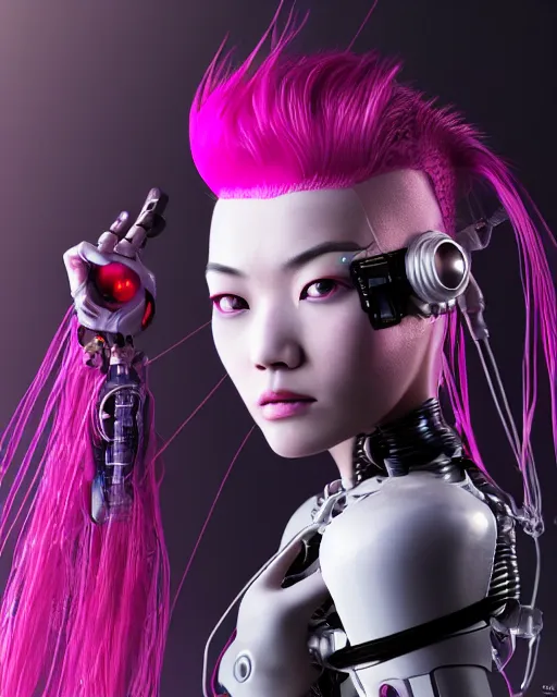 Image similar to portrait of a beautiful asian woman with pink hair as a cyberpunk cyborg half robot, revealing wires and electronics, sci - fi, missing panels, intricate abstract upper body intricate artwork, concept art, octane render, deviantart, cinematic, key art, hyperrealism, iridescent accents, portrait photograph, nikon 3 5 mm, photograph by greg rutkowski