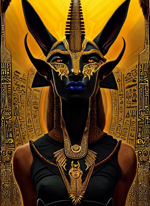 Image similar to angry god anubis, growling jackal with egyptian headdress and nemes, ornate art nouveau scarabs, black and gold palette, symmetry, fantasy, intricate, elegant, highly detailed, colorful, dark colors, dramatic shadow, digital painting, artstation, concept art, art by artgerm and greg rutkowski and ruan jia,