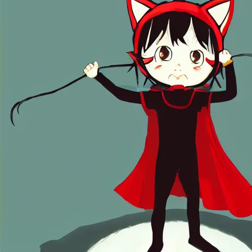 Image similar to little boy with cat ears in an black latex suit with red cape. digital artwork made by lois van baarle and kentaro miura, sharpness focus, anatomically correct, heroic composition, hero pose