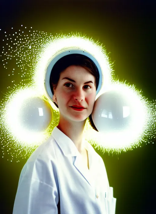 Image similar to realistic photo portrait of a a scientist girl dressed in white shorts, dressed in white plastic spherical helmet hat, particles aura electricity, 1 9 9 0, life magazine photo, natural colors,