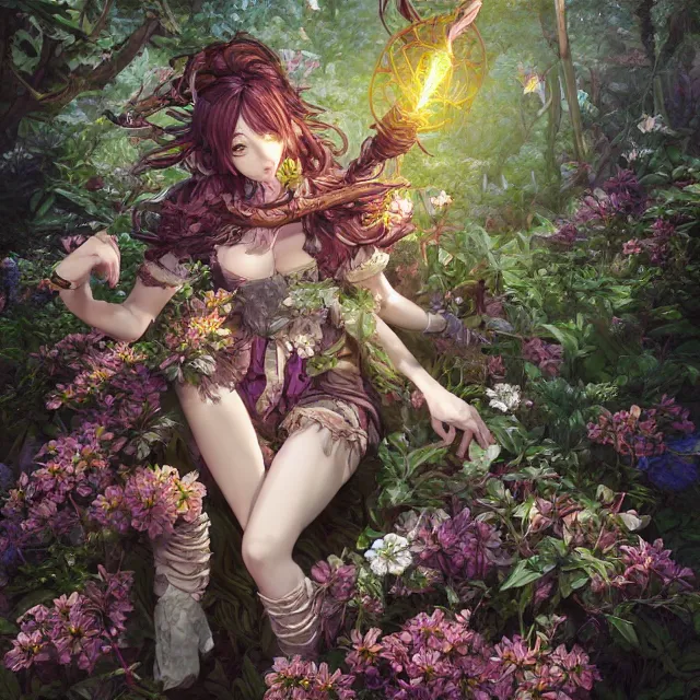 Image similar to the portrait of chaotic good female druid botanist as absurdly beautiful, gorgeous, elegant, young gravure idol, an ultrafine hyperdetailed illustration by kim jung gi, irakli nadar, intricate linework, sharp focus, bright colors, octopath traveler, final fantasy, unreal engine 5 highly rendered, global illumination, radiant light, detailed and intricate environment