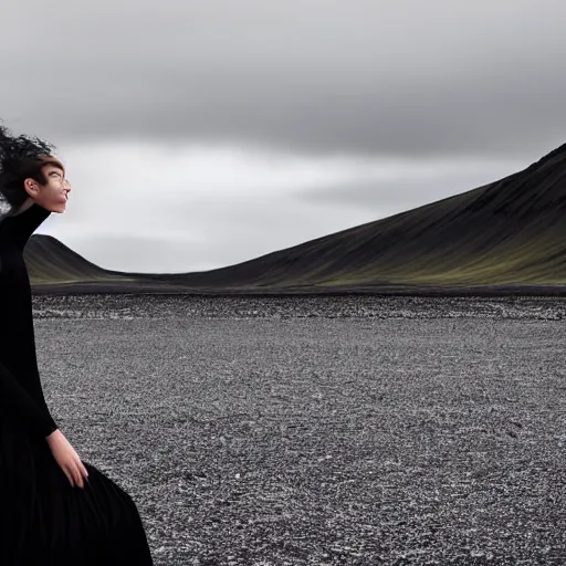 Prompt: ultra closeup portrait of face, floating model in comme des garcon deconstructed black silk gown, iceland landscape background, by lurie belegurschi and gunnar freyr