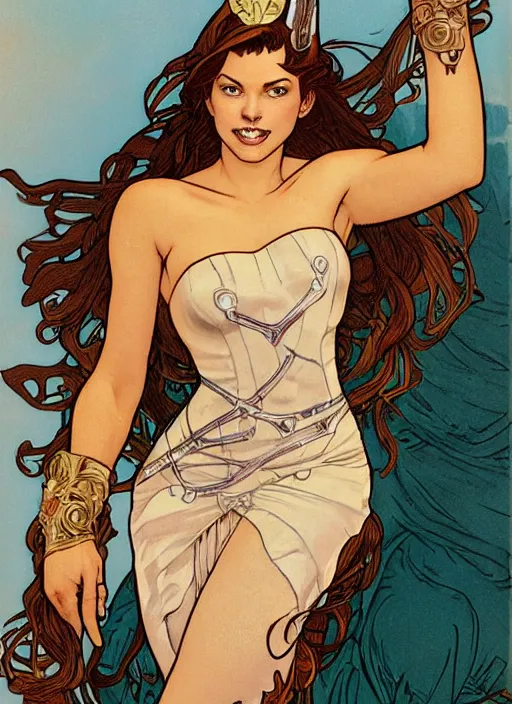 Image similar to slim young april with a mischievous face and long chesnut wavy hair dressed as a superhero in her early twenties, posing with her arms tucked behind her back, lady liberty, tight fit, curvaceous, intricate detailed face, shiny, art by joshua middleton and greg rutkowski and alphonse mucha