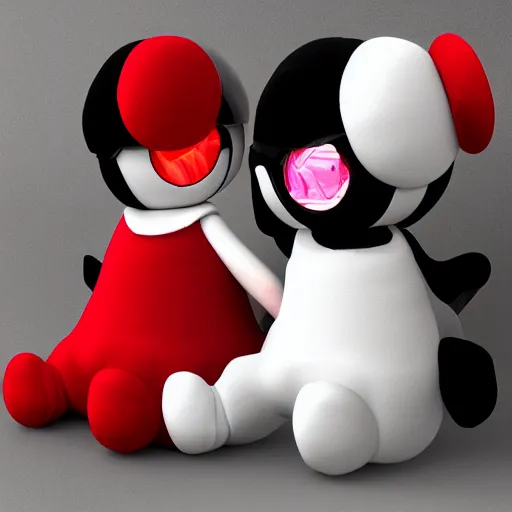 Image similar to cute fumo plush of a girl who is extremely round, black and white, red lens flare, vray