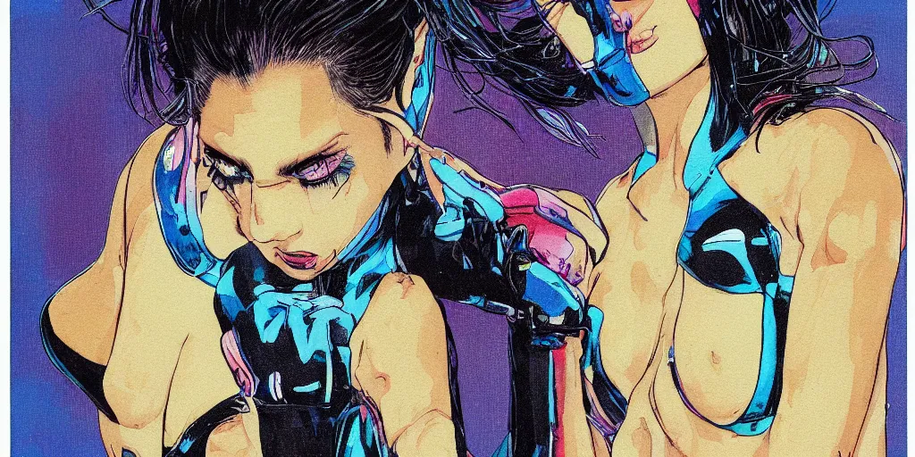 Image similar to a close - up grainy risograph painting of cyberpunk japanese model girl with black eyes and pretty face wearing latex catsuit and lots of transparent and cellophane accessories, blue hour, twilight, by moebius and lehr paul