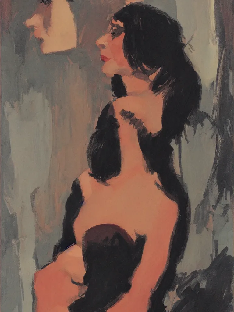 Image similar to portrait profile of one mysterious dark beautiful women in 1 9 7 8, femme fatale, oil painting by john watkiss