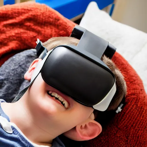 Image similar to a stock photo of a boy laying in bed with a bunch of stuff wearing a VR-headset, featured on flickr, cluttered