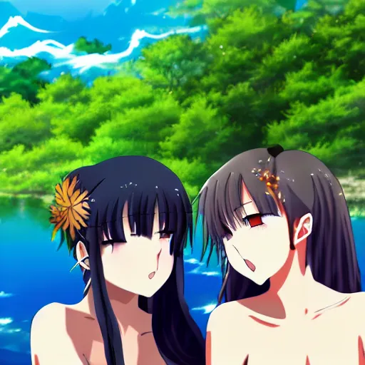 Prompt: two beautiful lesbian girls in love, smoking a hemp cigarette with smoke, sitting in front of a lake, in the style of anime, close - up, pixiv, intricate, elegant, highly detailed, lush, stylized, japanese, smooth