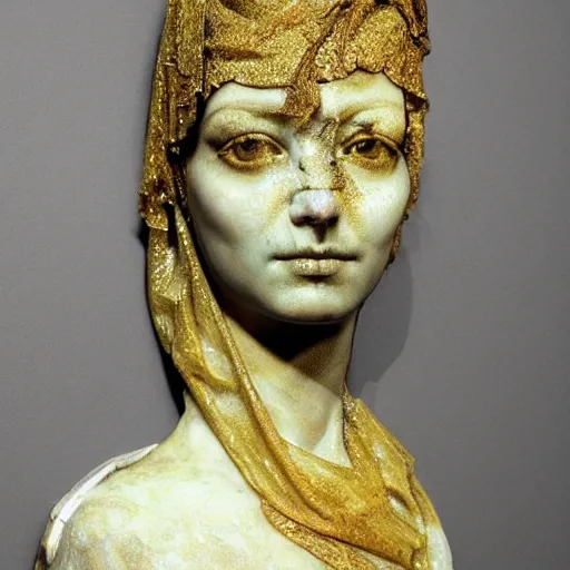 Prompt: a masterpiece marble sculpture of the veiled cleopatra, subsurface cracks, !dramatic !face, !female, covered in intricate !detailed golden !!streaked veil , physically based rendering, ultra photo realistic, cinematic lighting , dark background by Dan Hillier