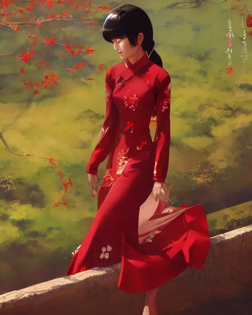 Prompt: a ultradetailed beautiful panting of a asian robotic female wearing traditional red ao dai, by ilya kuvshinov, greg rutkowski and makoto shinkai, trending on artstation