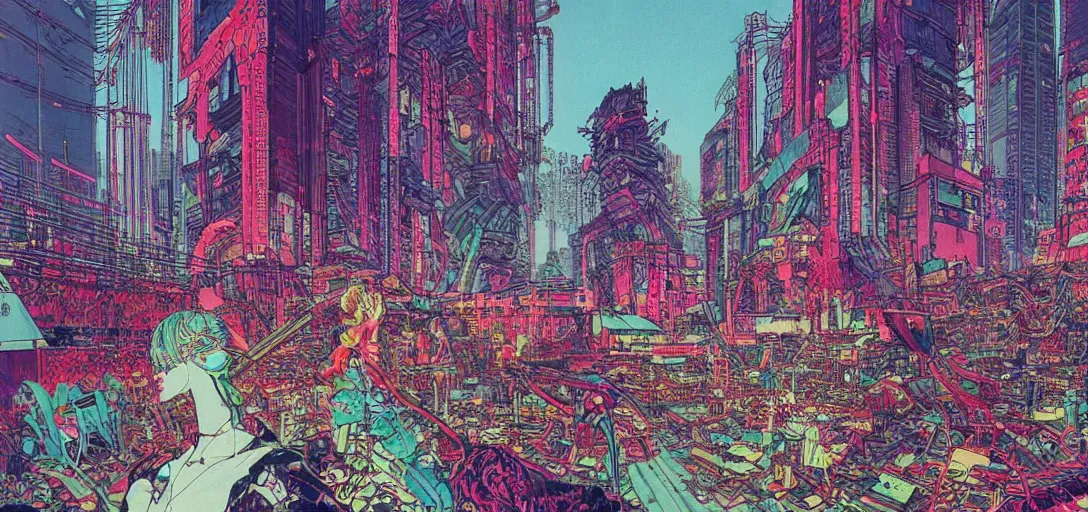 Prompt: A neon cyberpunk psychedelic vision of Acid Communism corroding our capitalist realism present, as speculated by the cultural theorist Mark Fisher in Akira color palette, by Amano, Yoshitaka and Tadao Ando