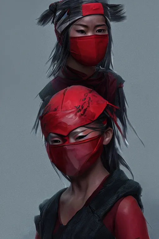 Image similar to native japanese young woman dressed like shinobi ninja, focused stare, partially masked, highly detailed, photobash, photorealistic render, trending on artstation, character design, red background, cinematic lighting